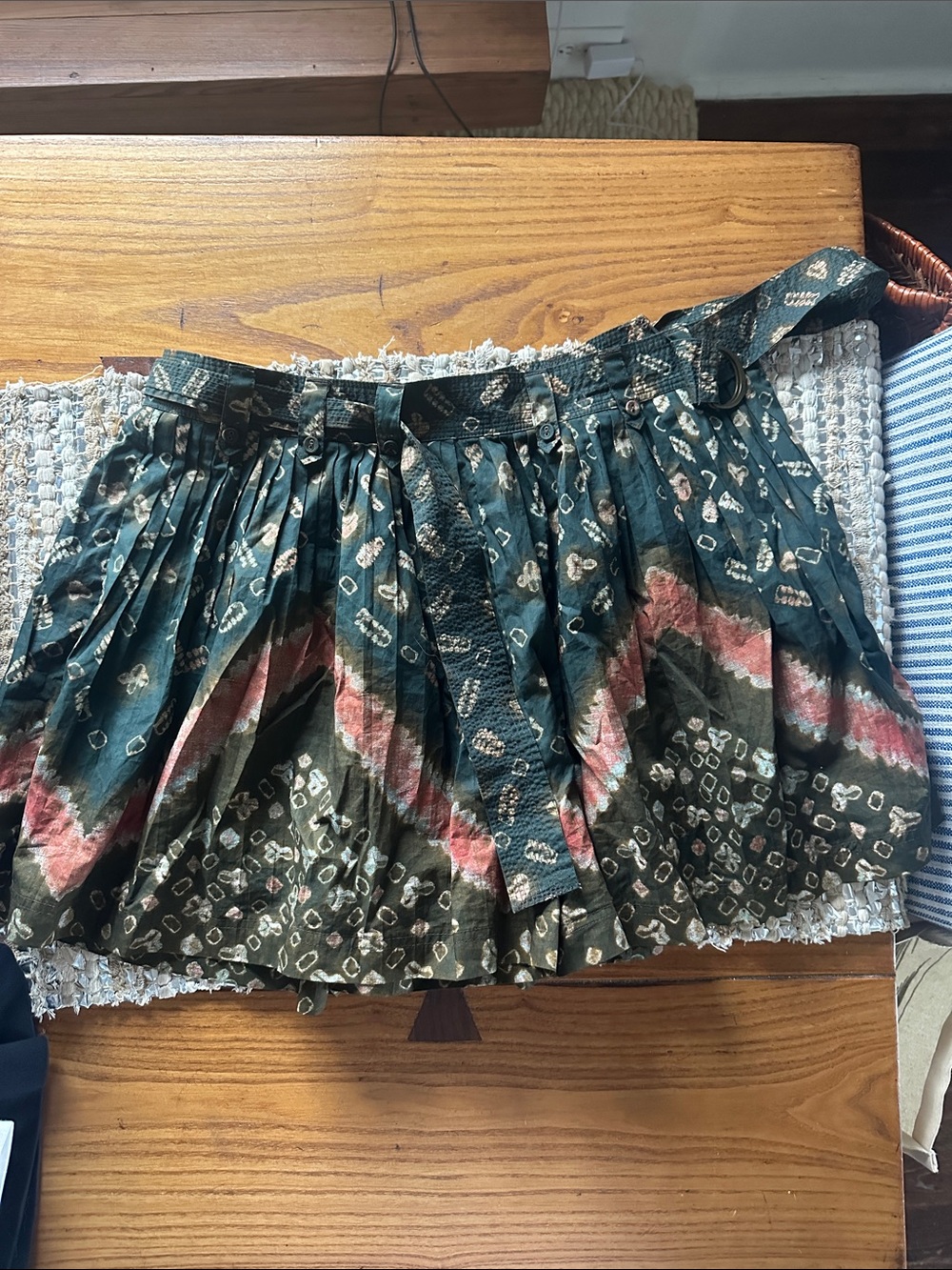Ulla Johnson Pleated Mini Shorts in Teal, Olive, and Coral